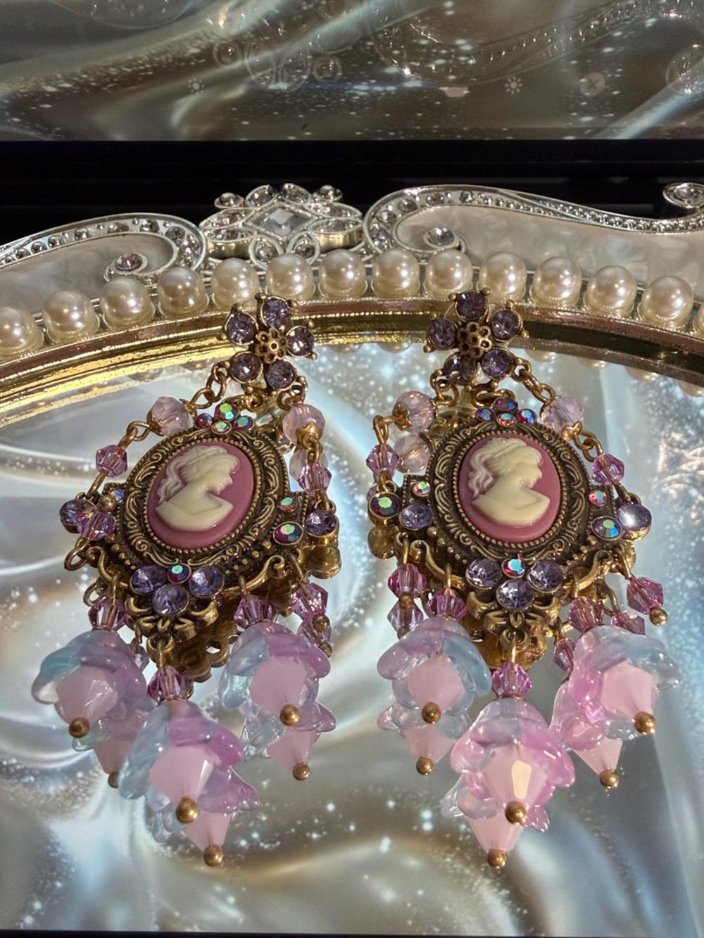 Kirks Folly Pink Cameo Crystal Dangle Earrings - Gold Tone